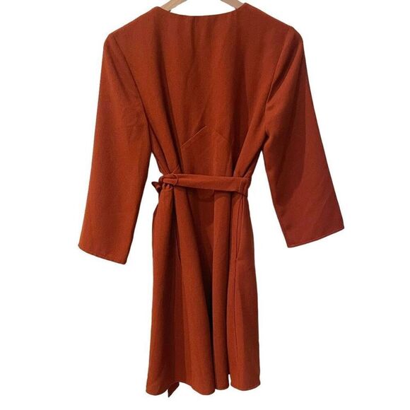 WAYF Burnt Orange Mini Wrap Dress Size Small Boho Chic, V-Neck, Long 3/4 Sleeve - Picture 2 of 9